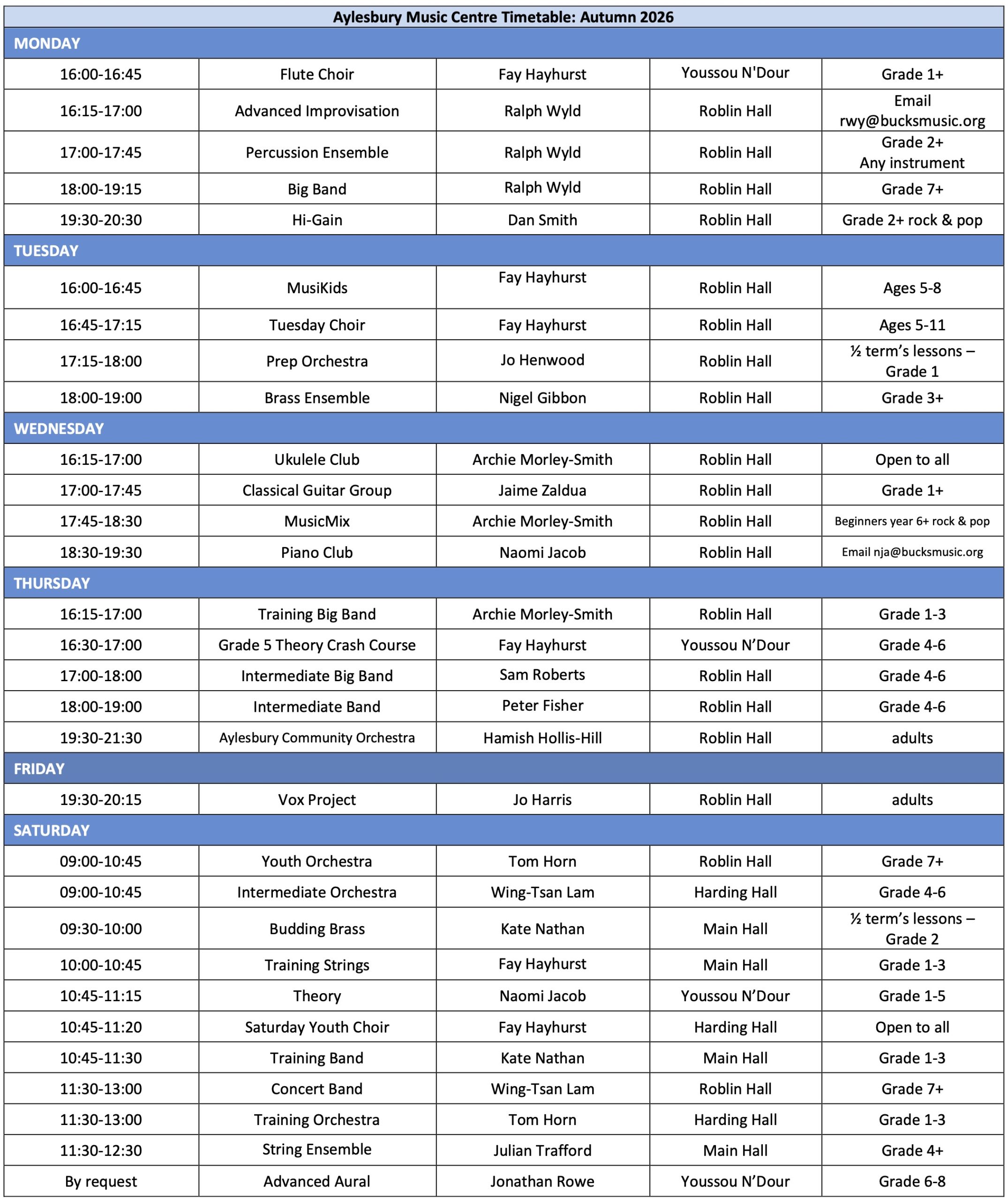 Aylesbury Music Centre Autumn 2026 timetable showing Monday to Saturday groups, rehearsal times, tutors, rooms and entry levels.